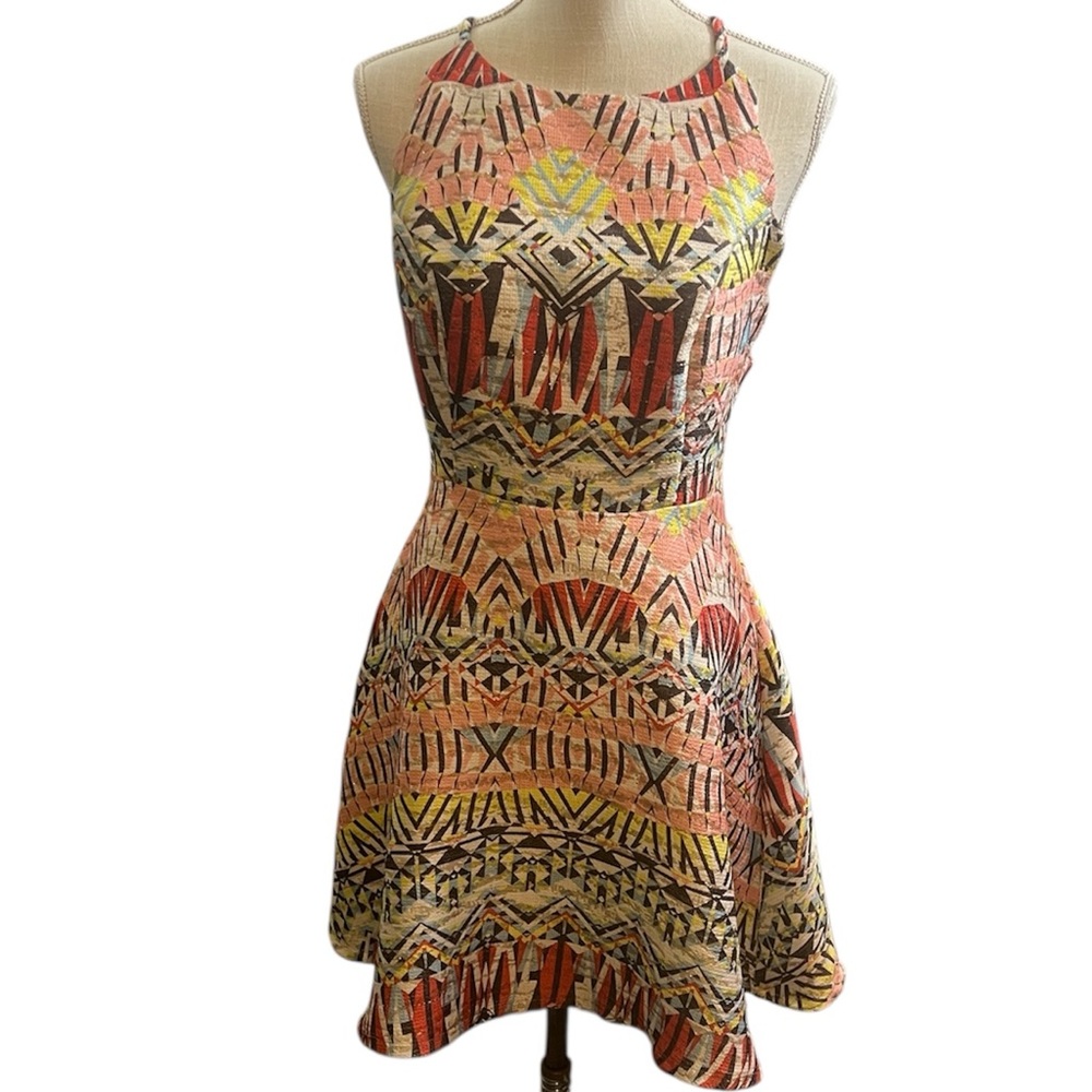 Juniors Multicolored Large Mini Halter Dress CrissCross Adjustable Back